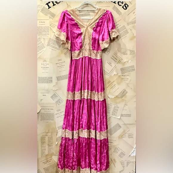 Free People Spell Ocean Gown Maxi Silky Hibiscus Pink Ivory Lace Tiered - Picture 7 of 7